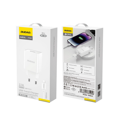 Nettlader med Lightning-kabel Dudao A4EU, 10W, 2.1A, 1 x USB-A, Hvit