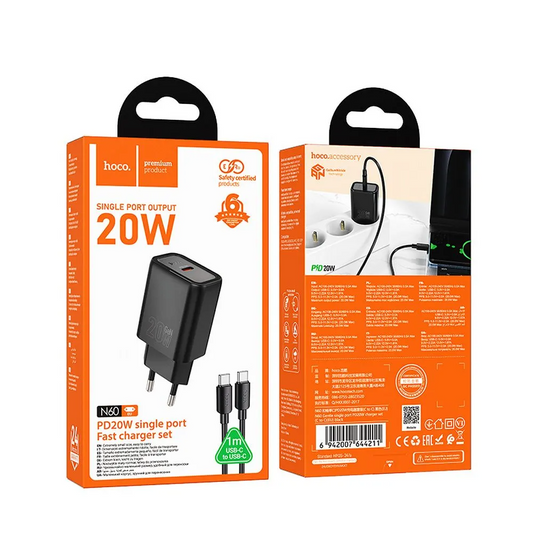 Nettlader med Lightning-kabel HOCO N60, 20W, 3A, 1 x USB-C, Svart