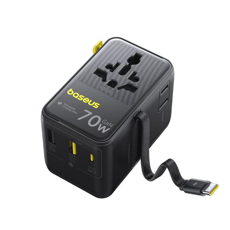 Baseus Travel EnerCore CG11 USB-C nettadapter med kabel, 70W, 2 x stikkontakt - 1 x USB-C - 2 x USB-A, svart E0307E00