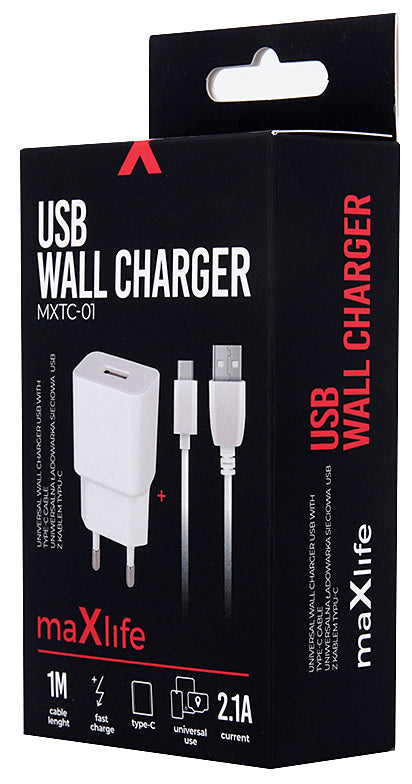 Nettlader med USB-C-kabel MaXlife MXTC-01, 10,5W, 2,1A, 1 x USB-A, hvit