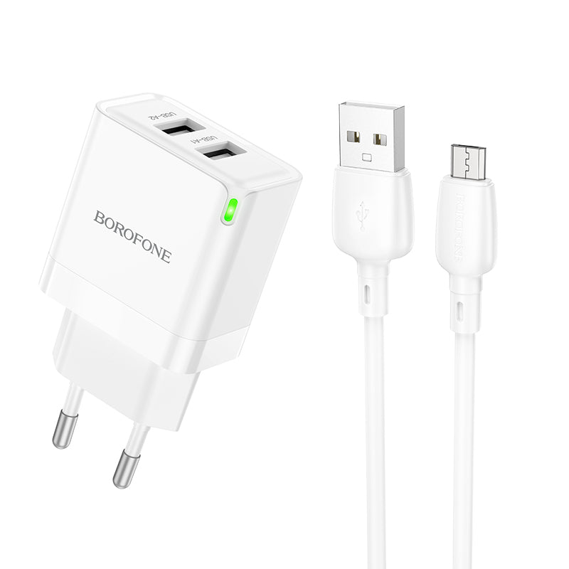 Nettverkslader med microUSB-kabel Borofone BN15 Strong, 10,5 W, 2,1 A, 2 x USB-A, hvit 