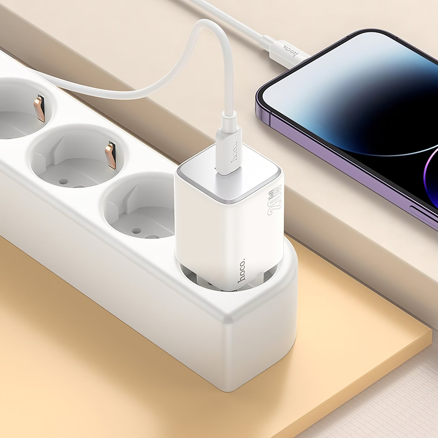 Nettlader med Lightning-kabel HOCO N40, 20W, 3A, 1 x USB-C, Hvit