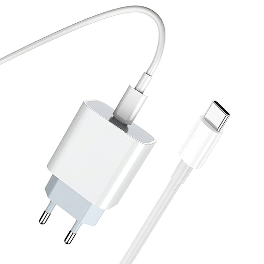 Nettlader med USB-C-kabel Prestico F8S, 20W, 3A, 1 x USB-C, hvit