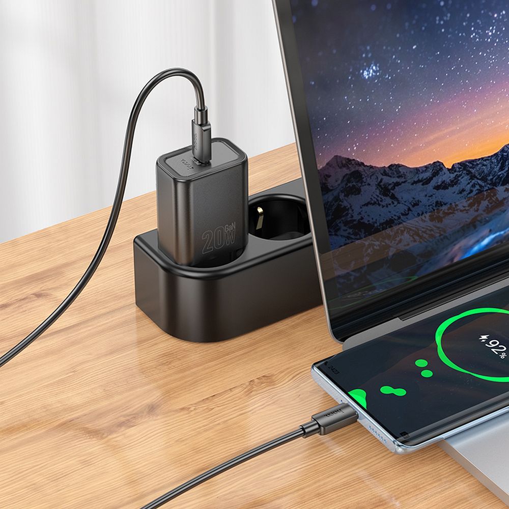Nettlader med USB-C-kabel HOCO N60, 20W, 3A, 1 x USB-C, Svart