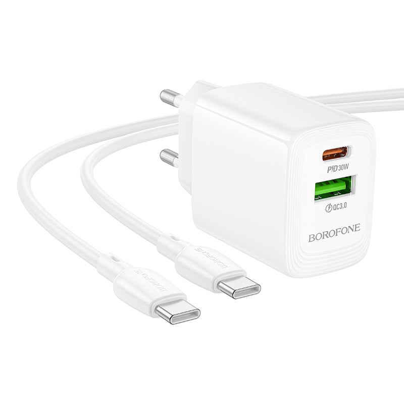 Nettlader med USB-C-kabel Borofone BN29 Fuente, 30W, 3A, 1 x USB-A - 1 x USB-C, Hvit