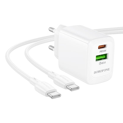 Nettlader med USB-C-kabel Borofone BN29 Fuente, 30W, 3A, 1 x USB-A - 1 x USB-C, Hvit