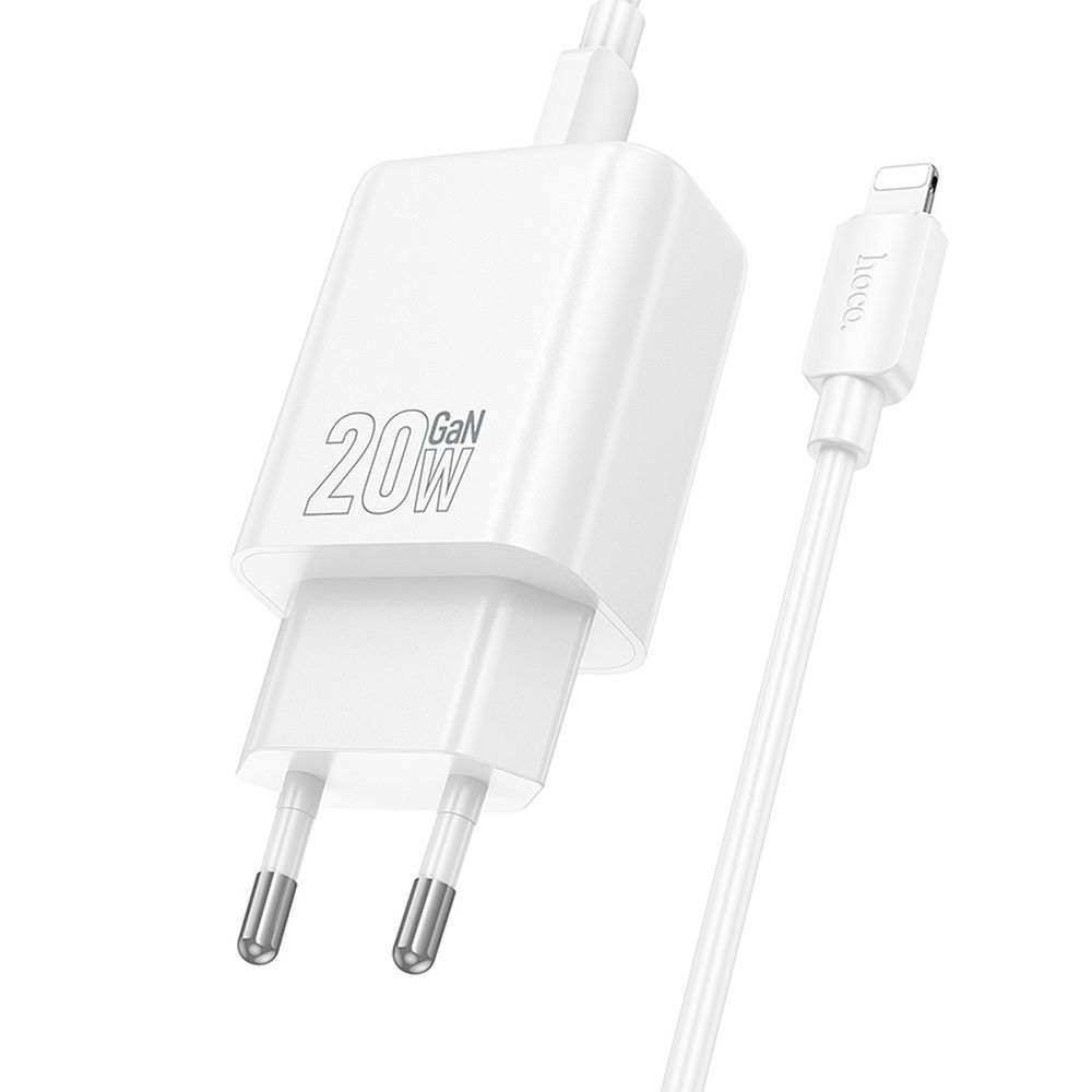 Nettlader med Lightning-kabel HOCO N61, 20W, 3A, 1 x USB-A - 1 x USB-C, Hvit
