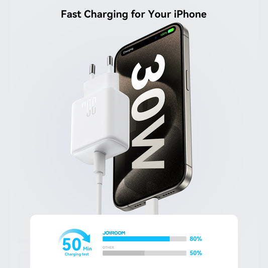 Nettlader med USB-C-kabel Joyroom JR-TCF24, 30W, 3A, 1 x USB-C, Hvit