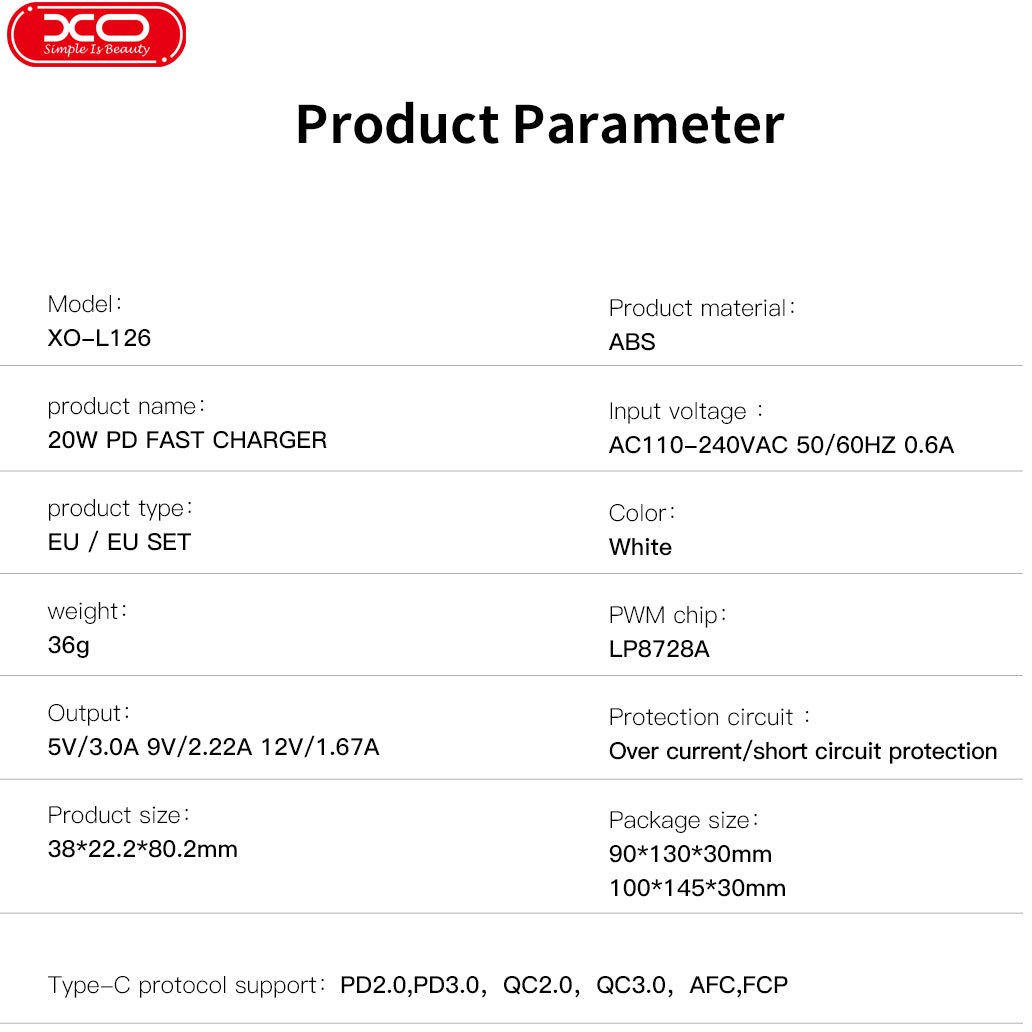 Nettlader med USB-C-kabel XO Design L126, 20W, 3A, 1 x USB-C, Hvit
