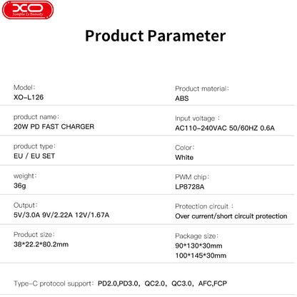 Nettlader med USB-C-kabel XO Design L126, 20W, 3A, 1 x USB-C, Hvit