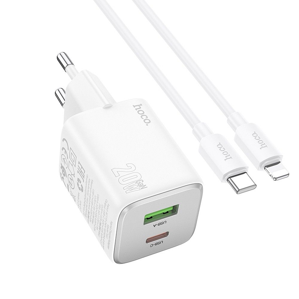Nettlader med Lightning-kabel HOCO N41, 20W, 3A, 1 x USB-A - 1 x USB-C, Hvit