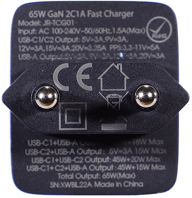Nettlader med USB-C-kabel Joyroom TCG01, 65W, 3.25A, 1 x USB-A - 2 x USB-C, Svart
