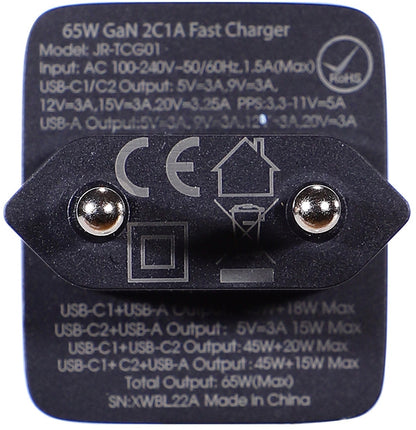 Nettlader med USB-C-kabel Joyroom TCG01, 65W, 3.25A, 1 x USB-A - 2 x USB-C, Svart