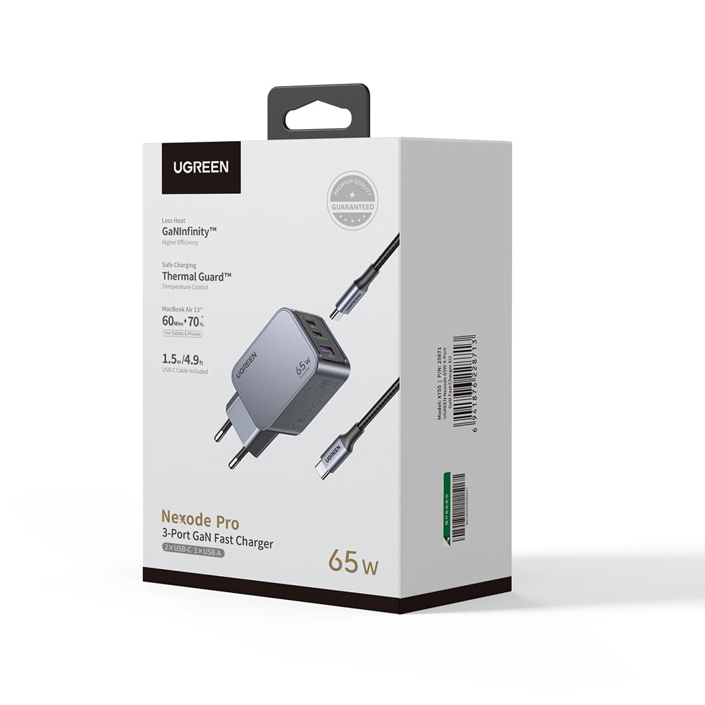 Nettlader med USB-C-kabel UGREEN X755 Nexode Pro, 65W, 3A, 1 x USB-A - 2 x USB-C, Grå