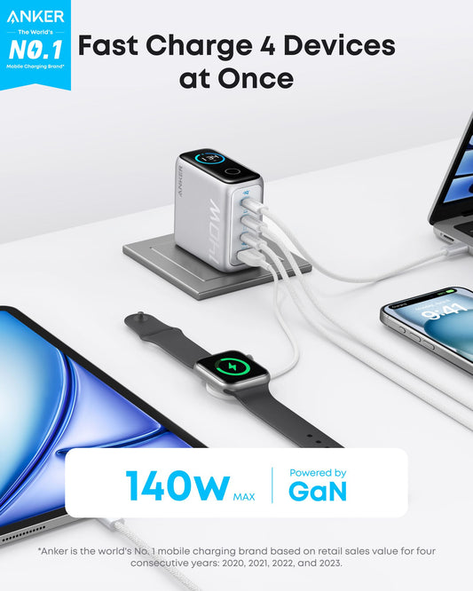 Nettlader med USB-C-kabel Anker Zolo, 140W, 5A, 1 x USB-A - 3 x USB-C, Sølv B2697G41