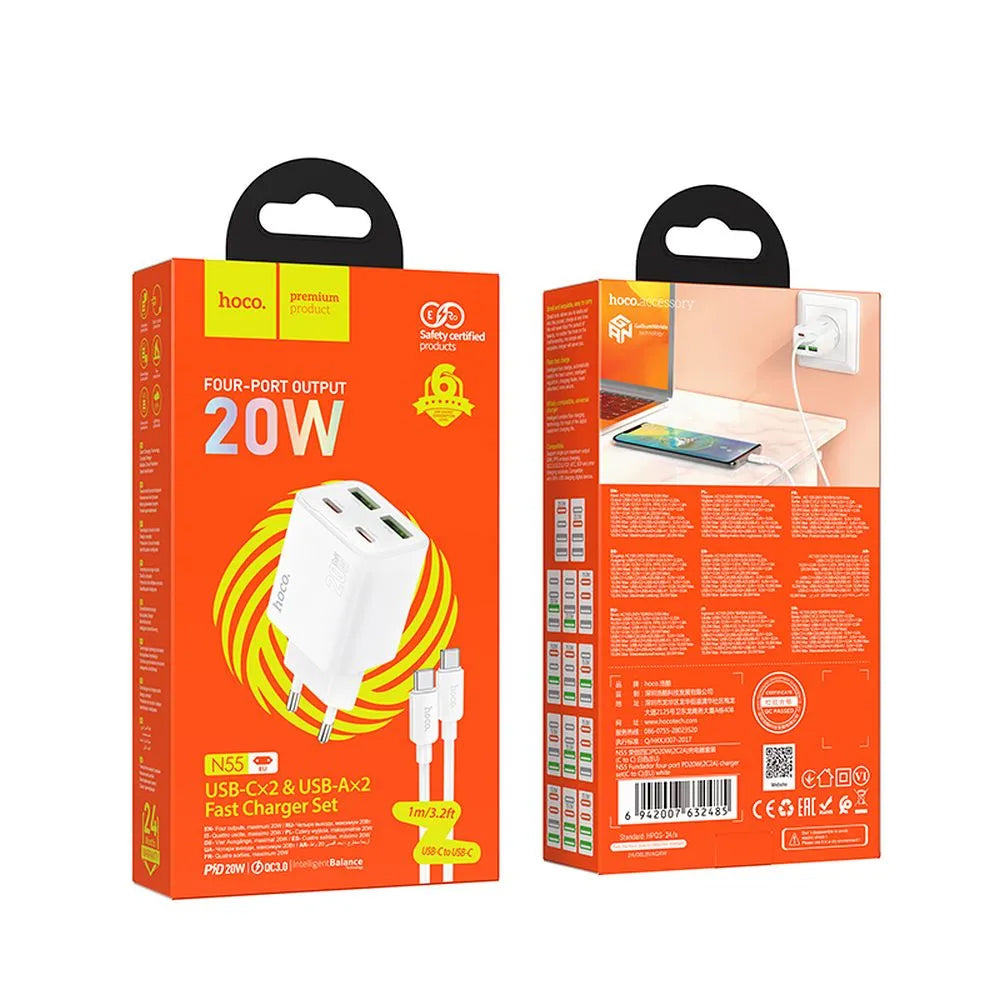 Nettlader med USB-C-kabel HOCO N55, 20W, 3A, 2 x USB-A - 2 x USB-C, Hvit