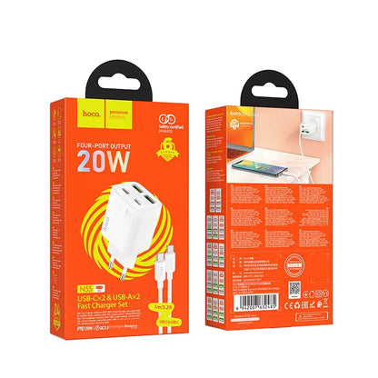Nettlader med USB-C-kabel HOCO N55, 20W, 3A, 2 x USB-A - 2 x USB-C, Hvit