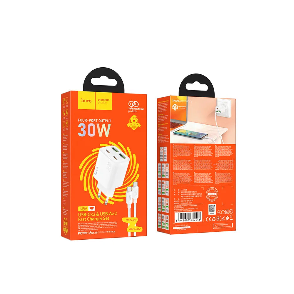 Nettlader med USB-C-kabel HOCO N56, 30W, 3A, 2 x USB-A - 2 x USB-C, Hvit