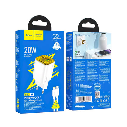 Nettlader med Lightning-kabel HOCO N52, 20W, 3A, 1 x USB-A - 1 x USB-C, Hvit