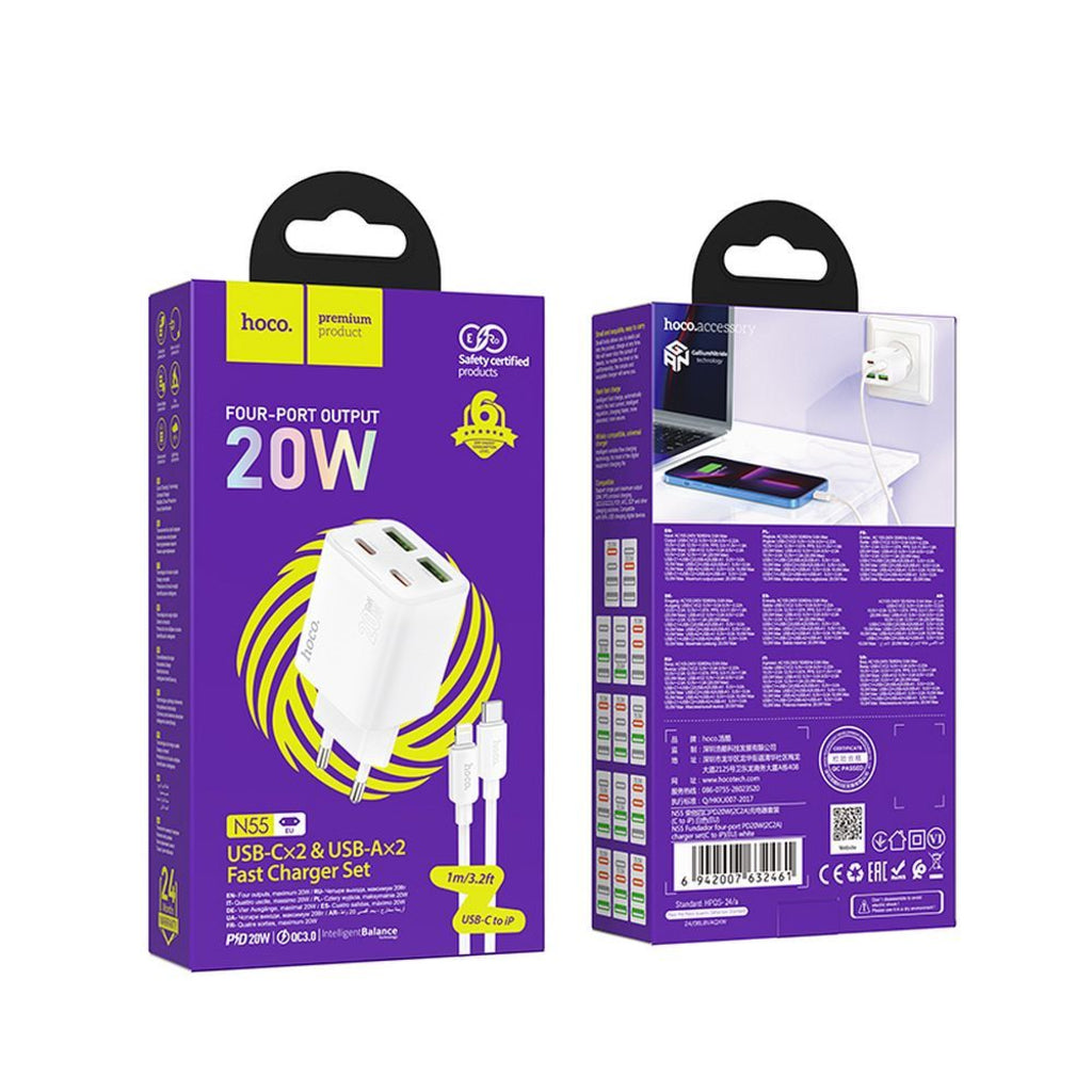 Nettlader med Lightning-kabel HOCO N55, 20W, 3A, 2 x USB-A - 2 x USB-C, Hvit