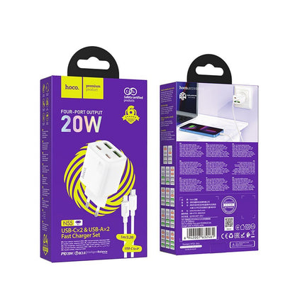 Nettlader med Lightning-kabel HOCO N55, 20W, 3A, 2 x USB-A - 2 x USB-C, Hvit