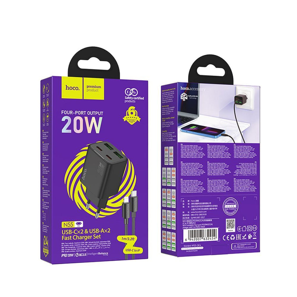 Nettlader med Lightning-kabel HOCO N55, 20W, 3A, 2 x USB-A - 2 x USB-C, Svart