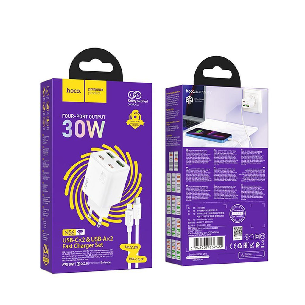 Nettlader med Lightning-kabel HOCO N56, 30W, 3A, 2 x USB-A - 2 x USB-C, Hvit