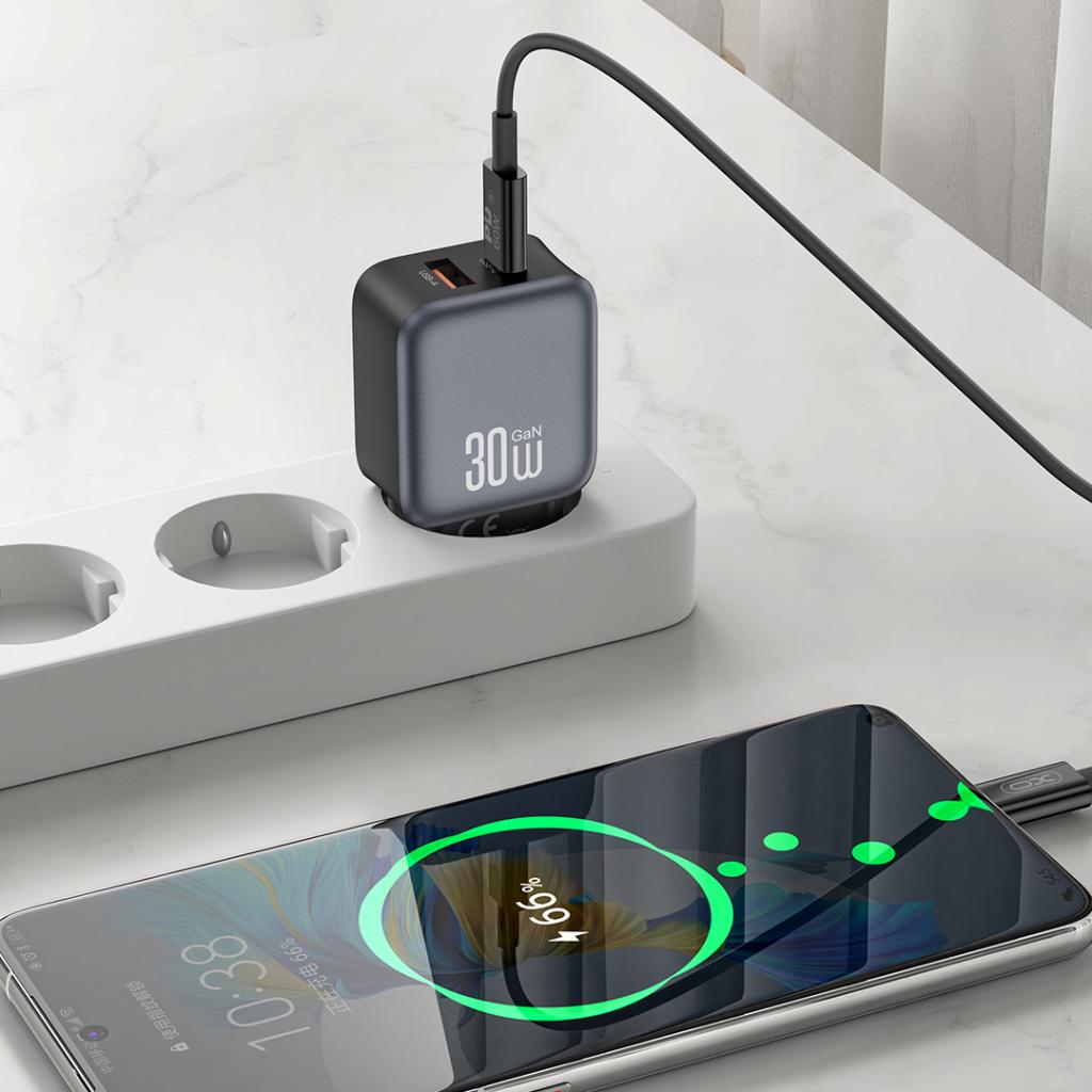 Nettlader med USB-C-kabel XO Design L156, 30W, 3A, 1 x USB-A - 1 x USB-C, Svart