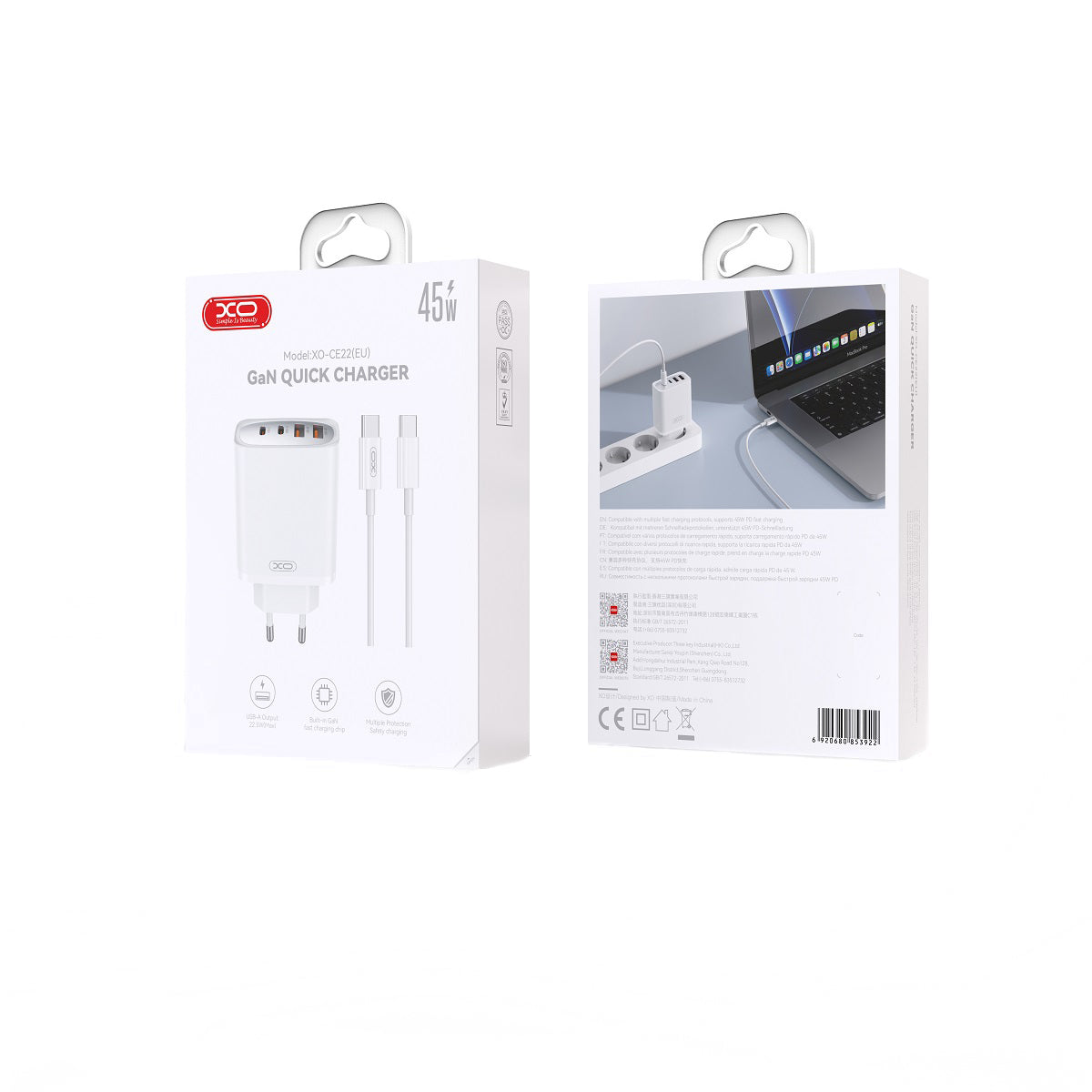 Nettlader med USB-C-kabel XO Design CE22, 45W, 3A, 2 x USB-A - 2 x USB-C, Hvit