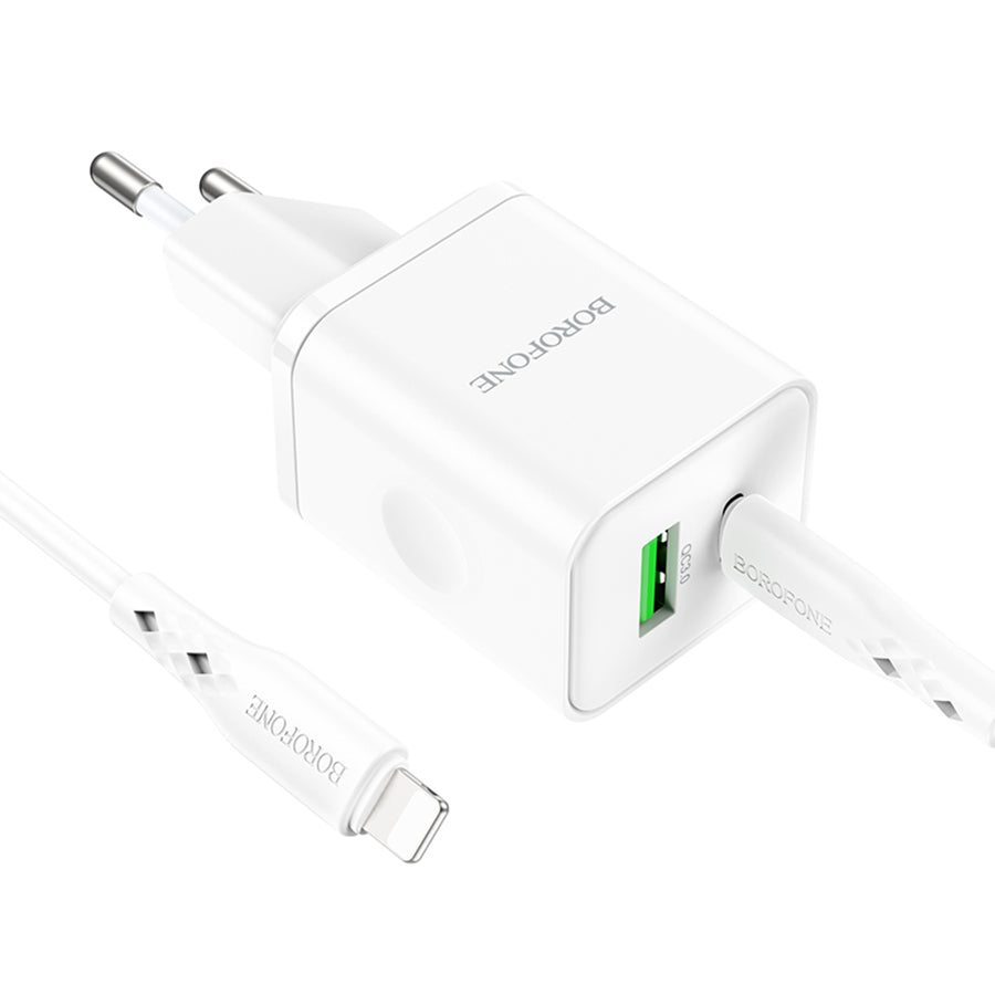 Nettlader med Lightning-kabel Borofone BN7, 20W, 3A, 1 x USB-A - 1 x USB-C, Hvit