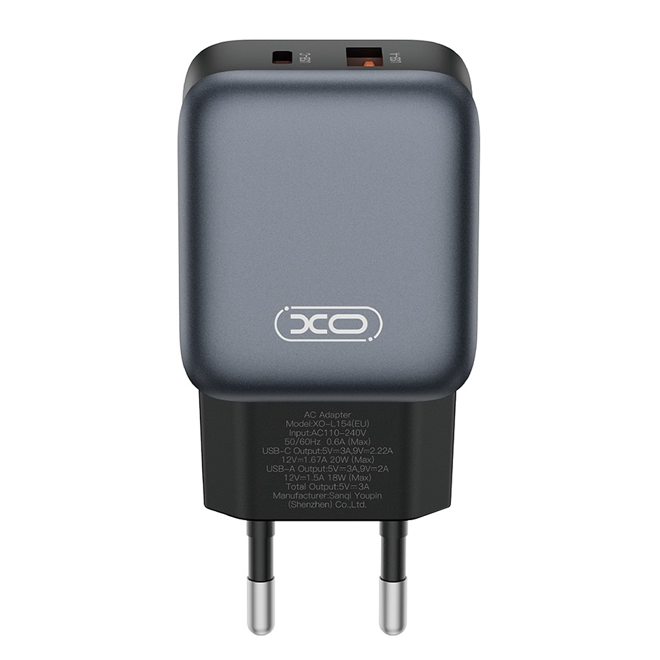 Nettlader med Lightning-kabel XO Design L154, 20W, 3A, 1 x USB-A - 1 x USB-C, Svart