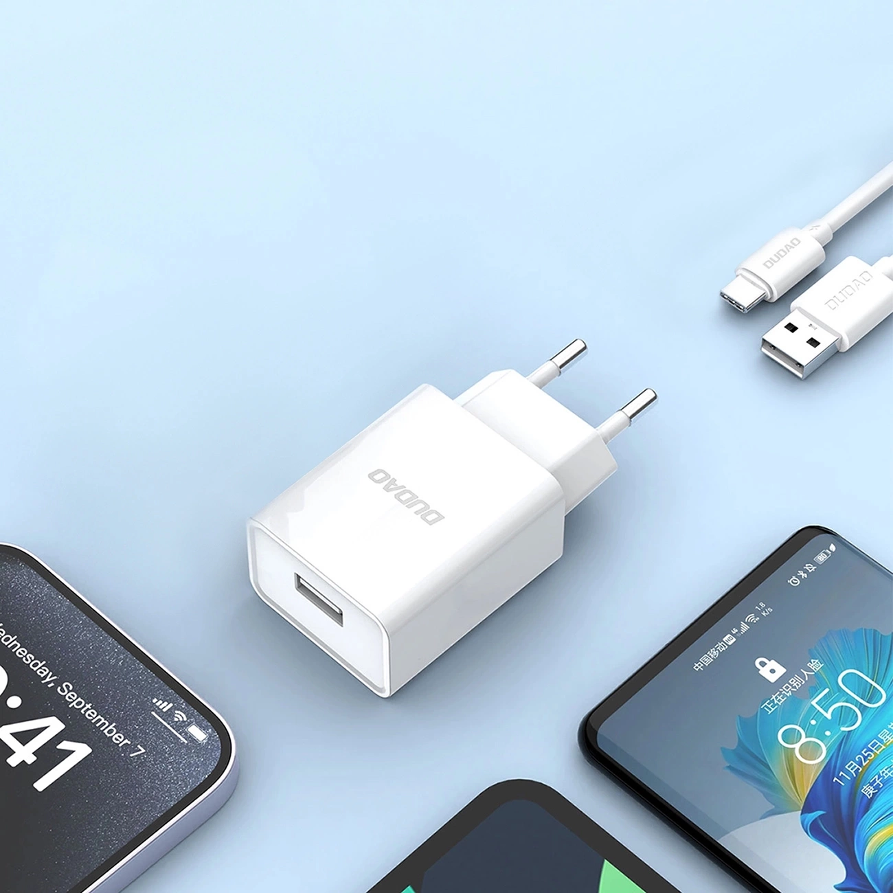 Nettlader med USB-C-kabel Dudao A4EU, 10W, 2.1A, 1 x USB-A, Hvit
