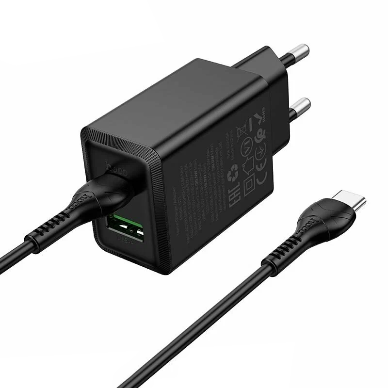 Nettlader med USB-C-kabel HOCO N71, 30W, 3A, 1 x USB-A - 1 x USB-C, Svart