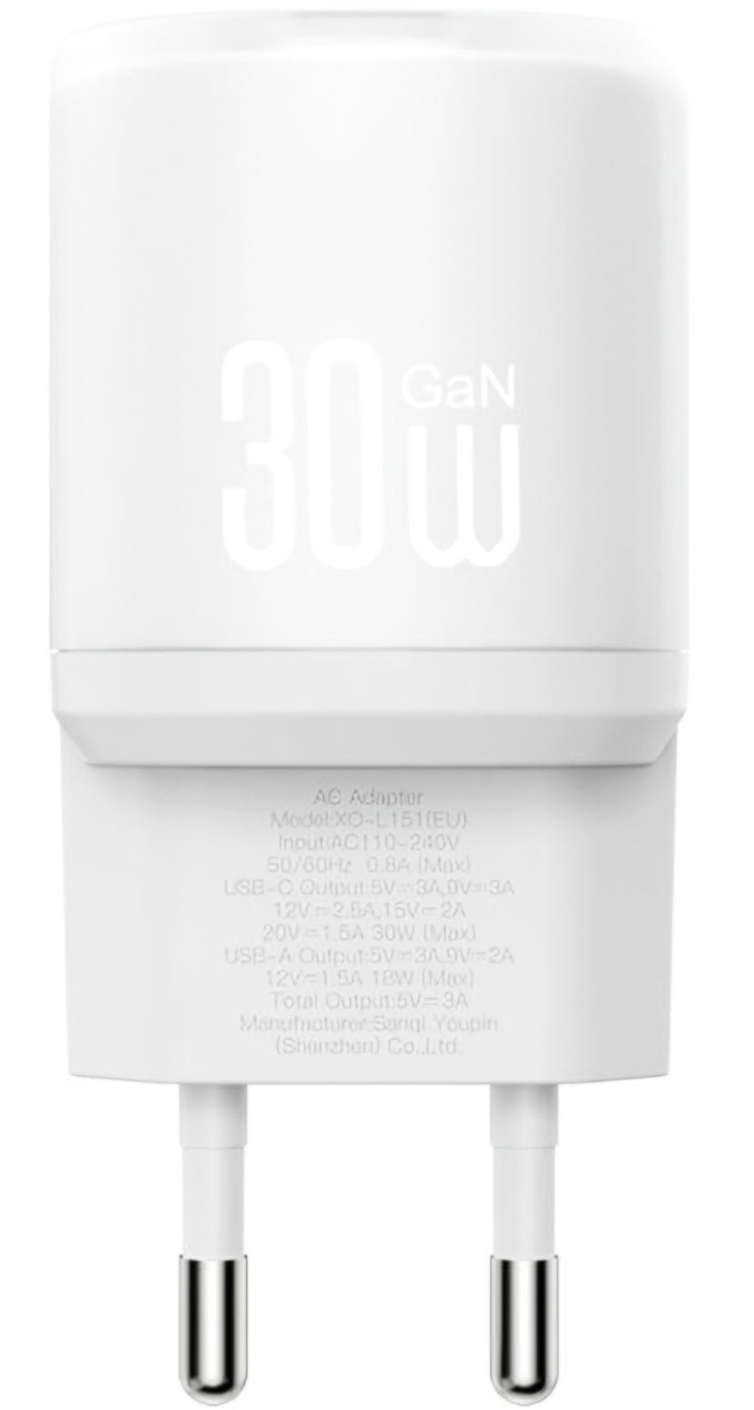 Nettlader med Lightning-kabel XO Design L151, 30W, 3A, 1 x USB-A - 1 x USB-C, Hvit