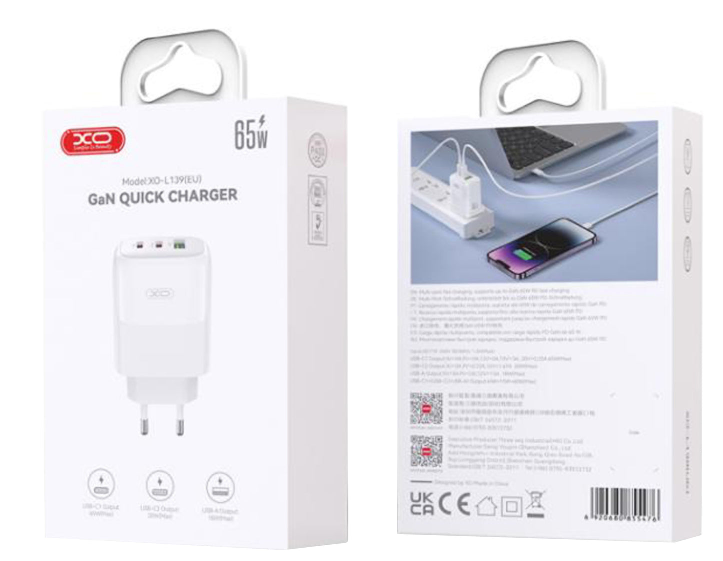 Nettlader med USB-C-kabel XO Design L139, 65W, 4.5A, 1 x USB-A - 2 x USB-C, Hvit