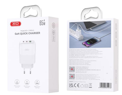 Nettlader med USB-C-kabel XO Design L139, 65W, 4.5A, 1 x USB-A - 2 x USB-C, Hvit