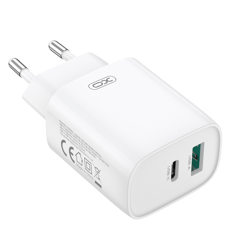 Nettlader med Lightning-kabel XO Design CE30, 30W, 3A, 1 x USB-A - 1 x USB-C, Hvit