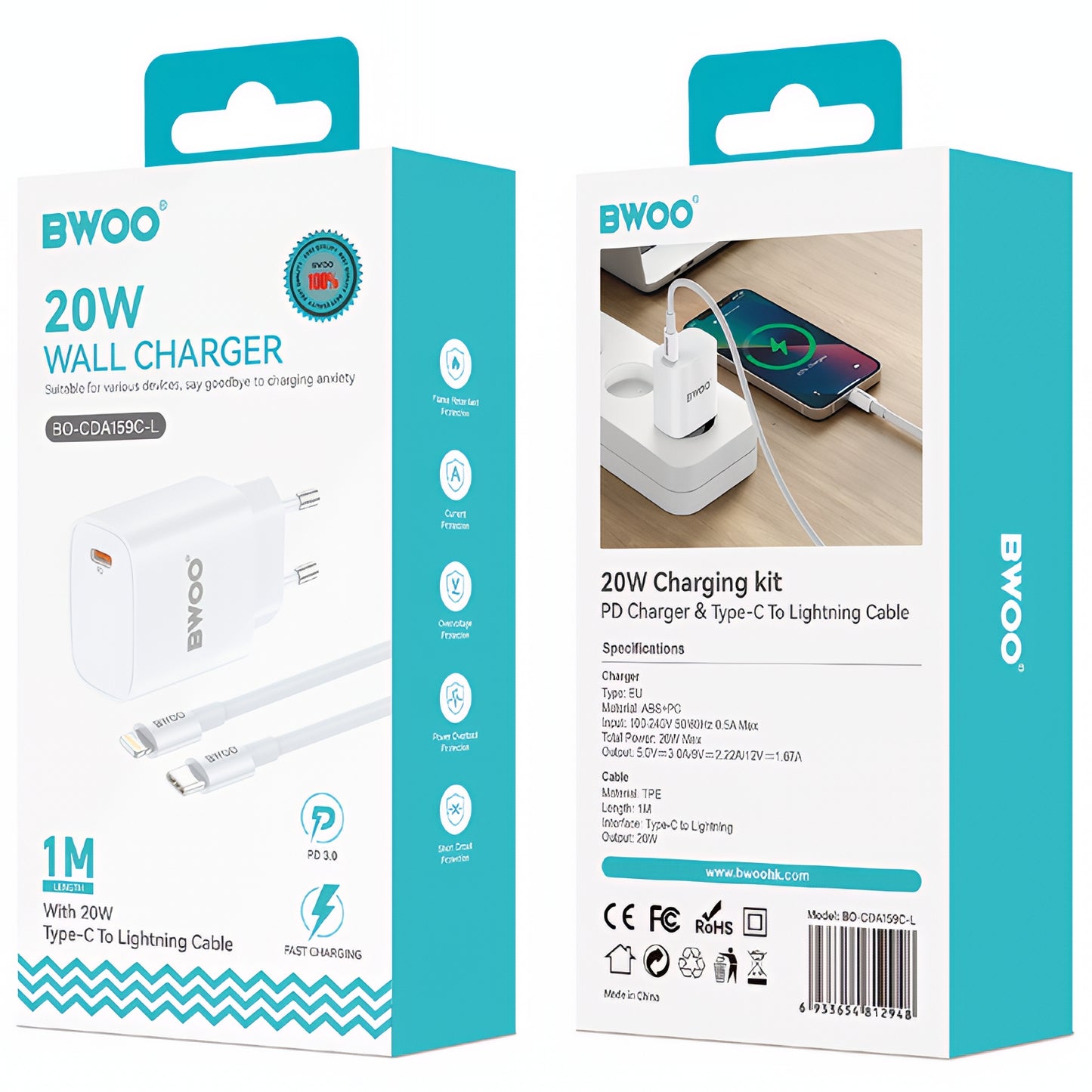Nettlader med Lightning-kabel BWOO CDA159, 20W, 3A, 1 x USB-C, Hvit
