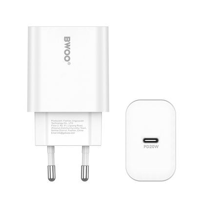 Nettlader med USB-C-kabel BWOO CDA233, 20W, 3A, 1 x USB-C, Hvit