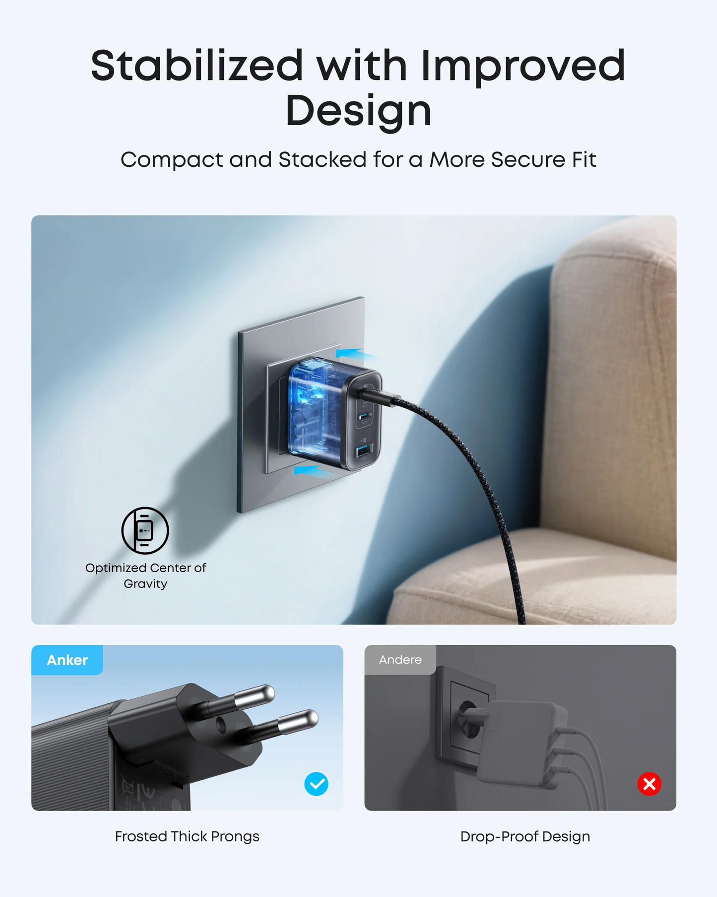 Nettlader med USB-C-kabel Anker Nano, 70W, 3.5A, 1 x USB-A - 2 x USB-C, Grå B121A311