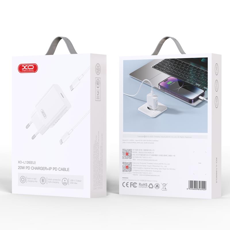 Nettlader med Lightning-kabel XO Design L126, 20W, 3A, 1 x USB-C, hvit
