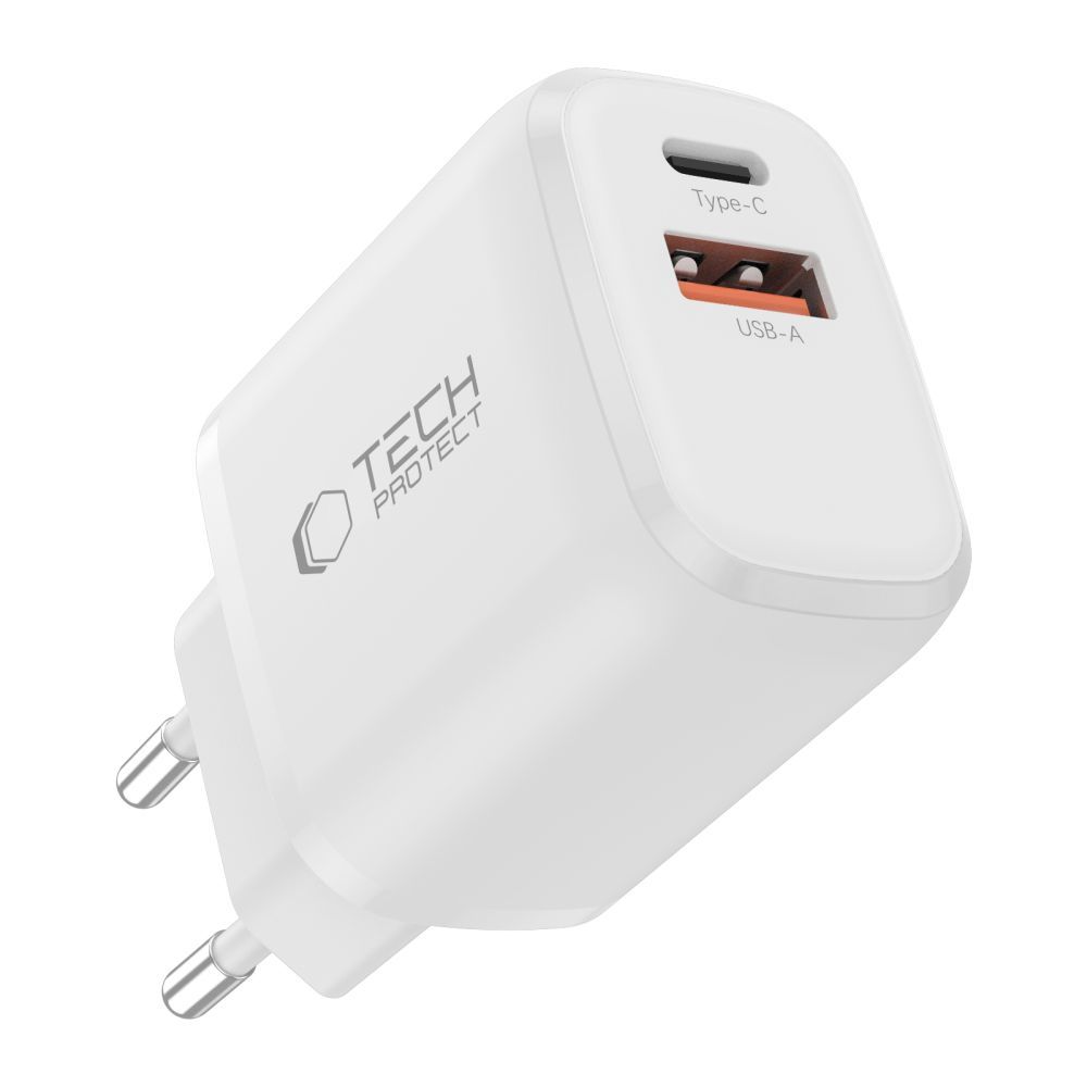 Nettlader med Lightning-kabel Tech-Protect NCA20, 20W, 3A, 1 x USB-A - 1 x USB-C, Hvit