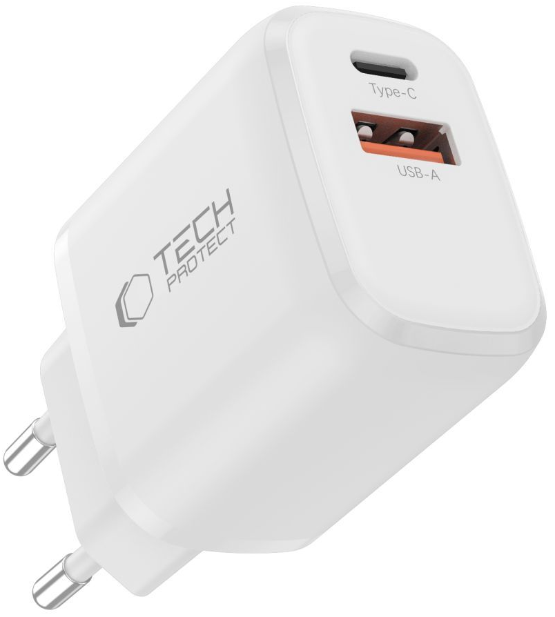 Nettlader med USB-C-kabel Tech-Protect NCA20, 20W, 3A, 1 x USB-A - 1 x USB-C, Hvit