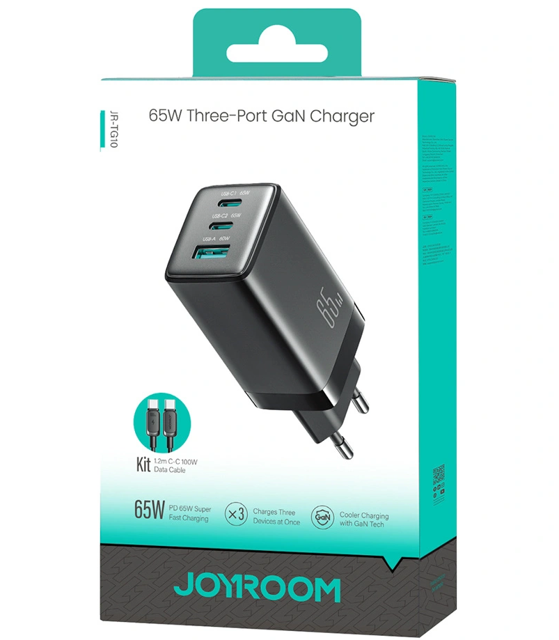 Nettlader med USB-C-kabel Joyroom JR-TG10, 65W, 3,25A, 1 x USB-A - 2 x USB-C, Svart