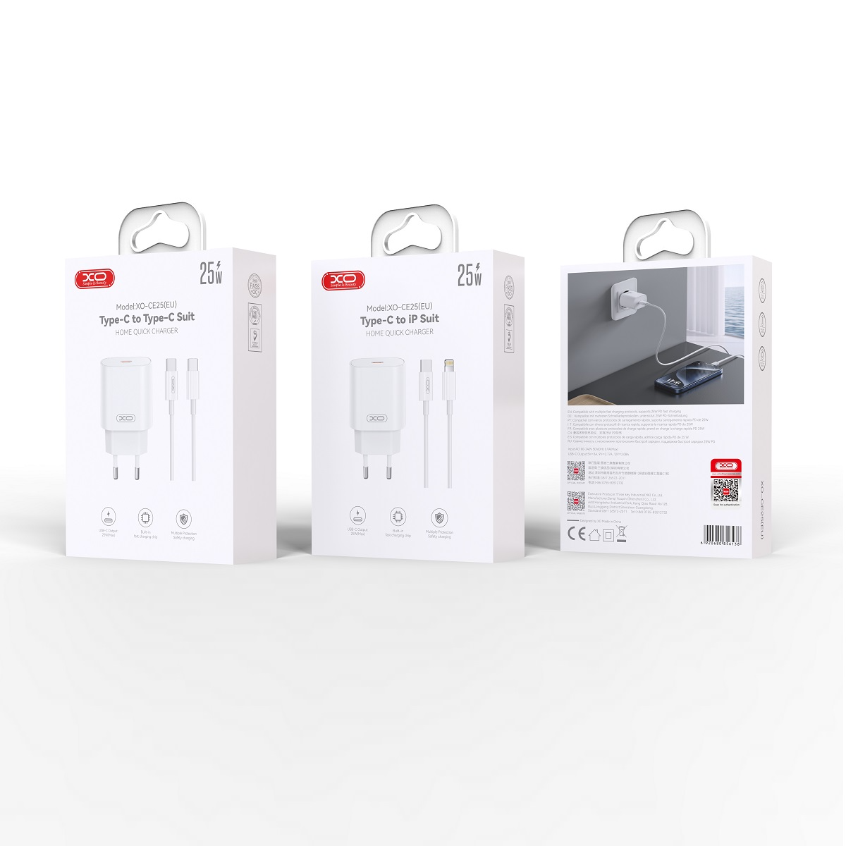 Nettlader med USB-C-kabel XO Design CE25, 25W, 3A, 1 x USB-C, Hvit