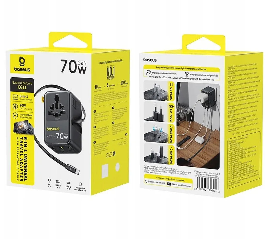 Baseus Travel EnerCore CG11 USB-C nettadapter med kabel, 70W, 2 x stikkontakt - 1 x USB-C - 2 x USB-A, svart E0307E00