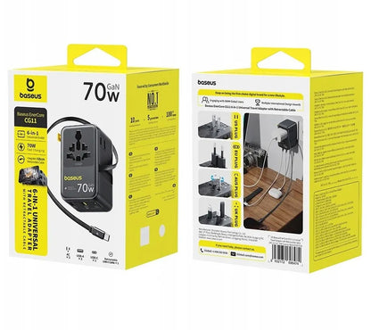 Baseus Travel EnerCore CG11 USB-C nettadapter med kabel, 70W, 2 x stikkontakt - 1 x USB-C - 2 x USB-A, svart E0307E00