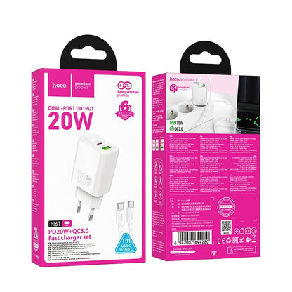 Nettlader med USB-C-kabel HOCO N61, 20W, 3A, 1 x USB-A - 1 x USB-C, Hvit
