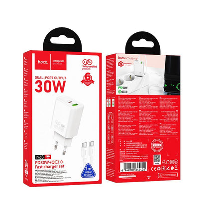 Nettlader med USB-C-kabel HOCO N63, 30W, 3A, 1 x USB-A - 1 x USB-C, Hvit