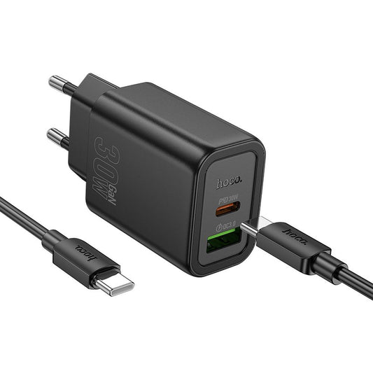 Nettlader med USB-C-kabel HOCO N63, 30W, 3A, 1 x USB-A - 1 x USB-C, Svart